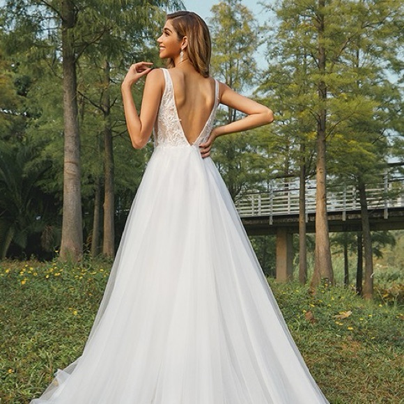 Hebeos White Nude A-line Appliqué Tulle Illusion Princess Wedding Gown - Picture 2 of 16